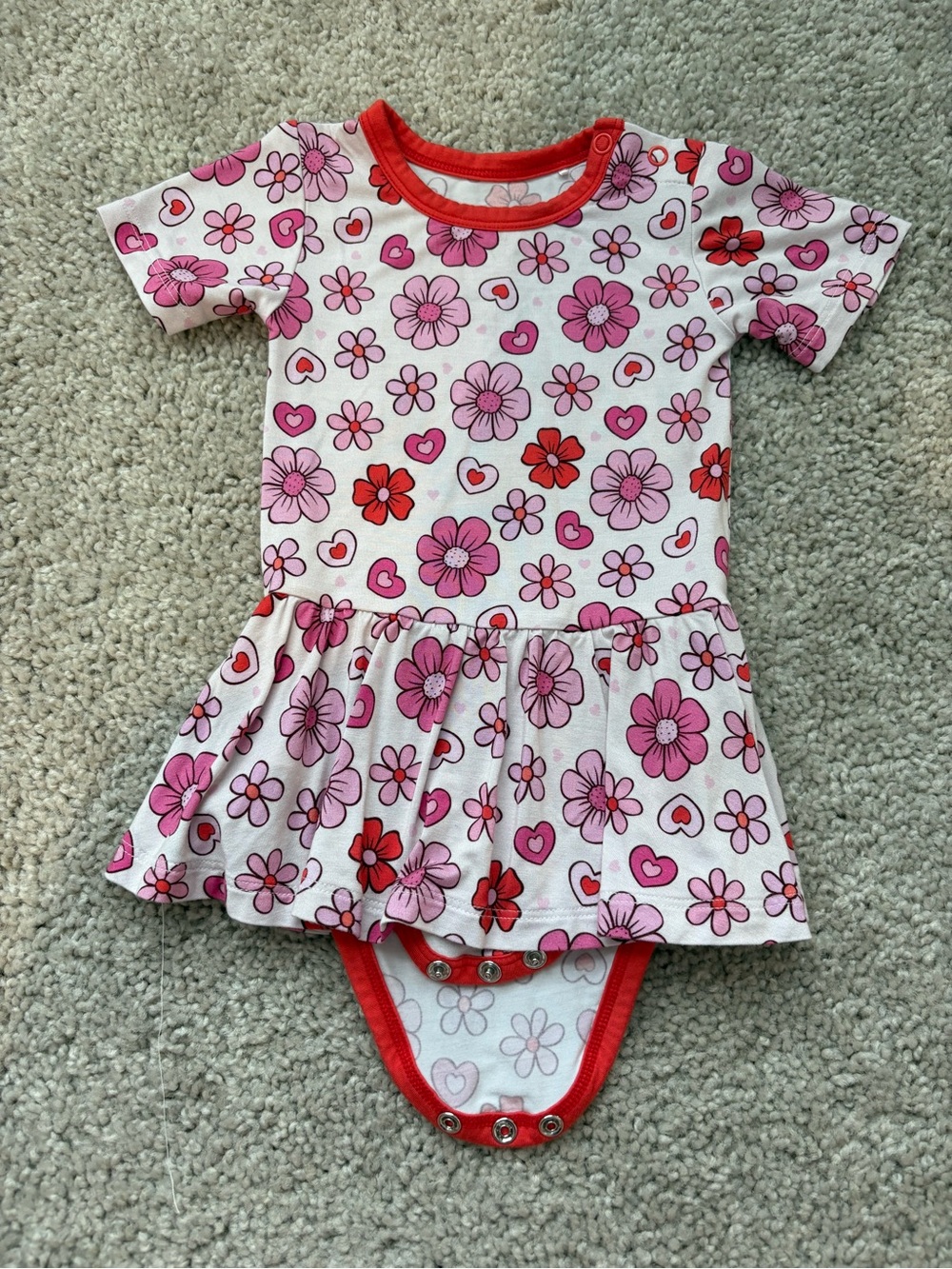 Pink Floral Dress-Style Bodysuit with Red Trim